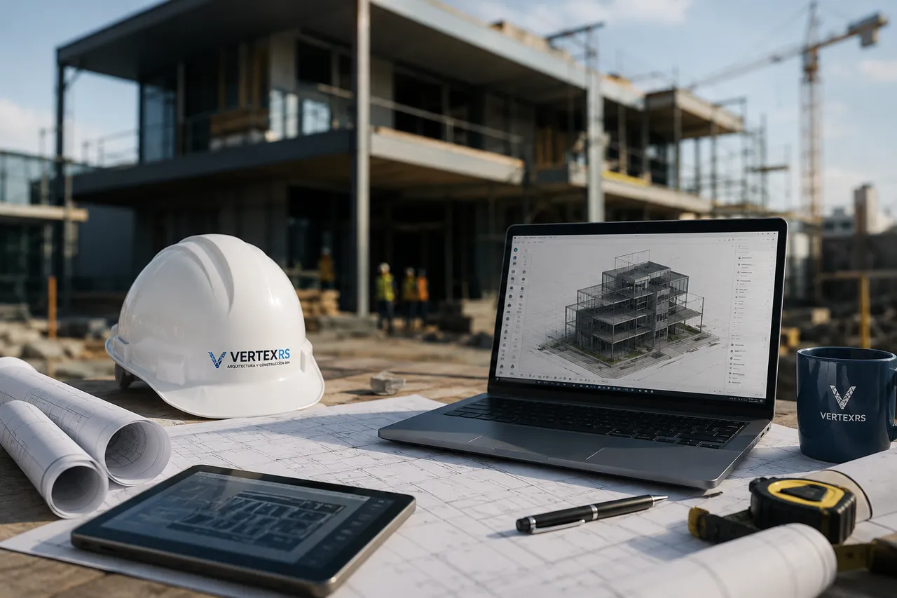Equipo de construcción revisando un modelo BIM en obra
